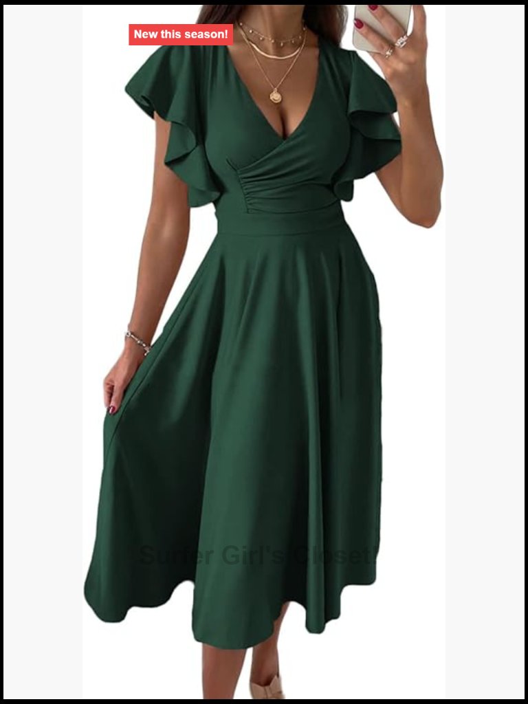 V-Neck Midi Skater Dress With Ruffled Hem, Party Wedding Guest Dress